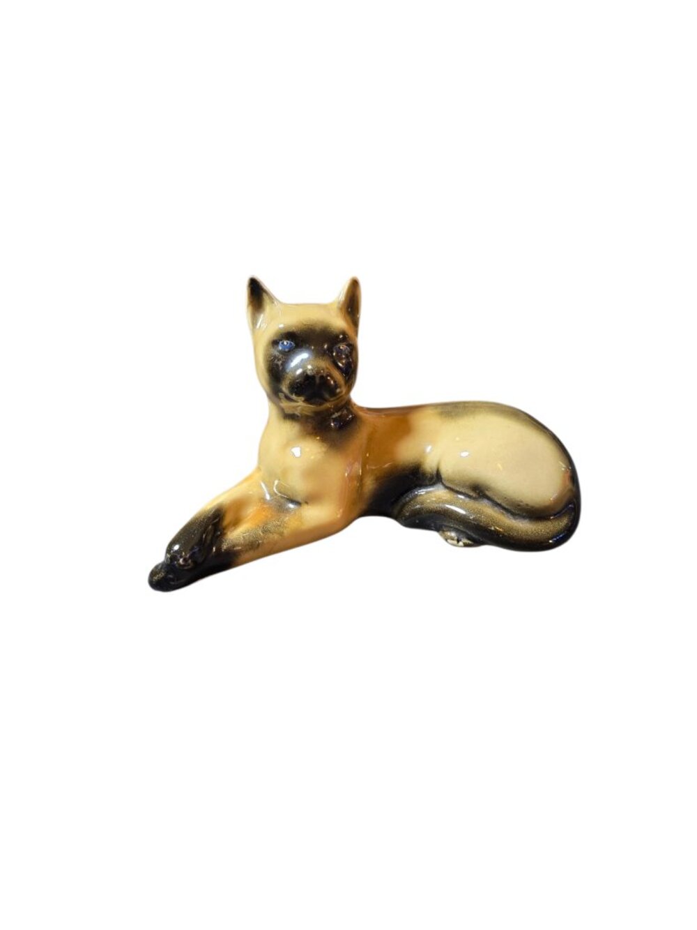 Vintage Siamese Cat Figurine Blue Eyes Ceramic Reclining MCM Japan Style